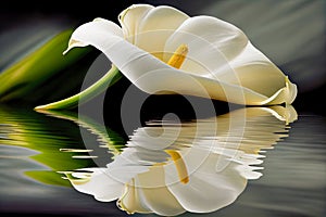 White Calla Lilly flower Isolated on a black background reflectionin water. Generative AI, Generative, AI photo