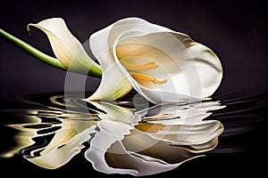 White Calla Lilly flower Isolated on a black background reflectionin water. Generative AI, Generative, AI photo