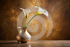 White Calla Lily in Golden Vase Against Soft Brown Backdrop