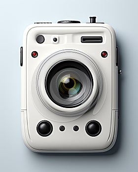 a white camera with a black lens on a blue background. generative ai