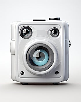 a white camera with a blue lens on a white background. generative ai