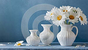 white camomile flowers in a white vase on blue wall background
