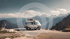 A white camper van is parked on rocky ground in front of mountains, in the style of photo-realistic landscapes, Generative AI