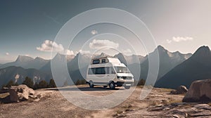 A white camper van is parked on rocky ground in front of mountains, in the style of photo-realistic landscapes, Generative AI