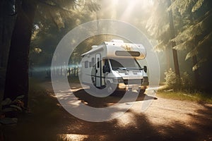 White camper van with sunlight and trees in forest created using generative ai technology
