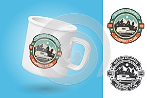 White camping cup. Realistic mug mockup template with sample design. Camping club patch. Vector. Vintage typography