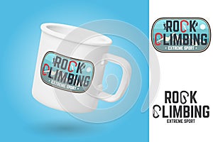 White camping cup. Realistic mug mockup template with sample design. Rock Climbing club badge. Vector. Typography design