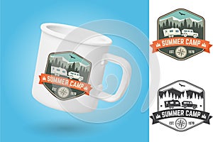 White camping cup. Realistic mug mockup template with sample design. Summer camp. Vector. Patch, sticker with camper