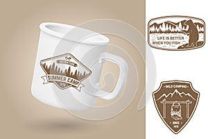 White camping cup. Realistic mug mockup template with sample design. Vector 3d illustration. Let's sleep under the