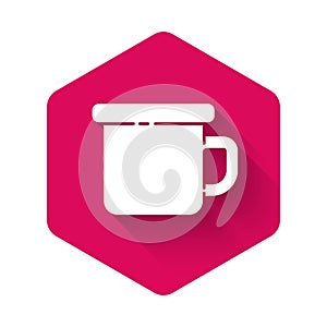 White Camping metal mug icon isolated with long shadow. Pink hexagon button. Vector Illustration