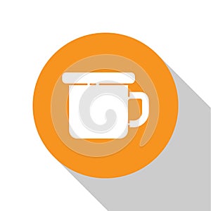 White Camping metal mug icon isolated on white background. Orange circle button. Vector Illustration