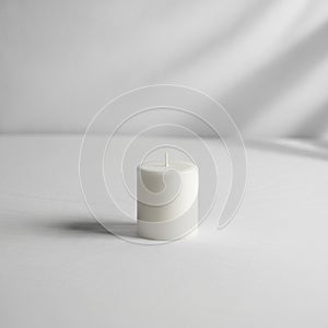 White candle is centered on a smooth, white fabric surface. The
