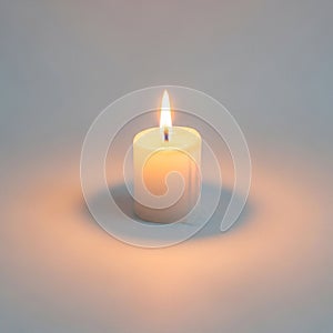 White candle sits on a plain surface, casting a warm glow and soft