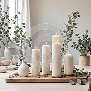 White candles and eucalyptus branches on a table