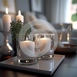 White candles in a home interior with a relaxing atmosphere