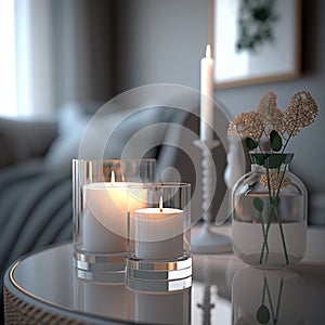 White candles in a home interior with a relaxing atmosphere