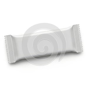 A white candy bar wrapper on a plain background