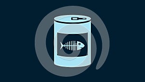 White Canned food for cat icon isolated on blue background. Fish skeleton sign. Food for animals. Pet dog food can. 4K