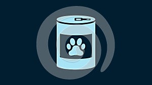 White Canned food icon isolated on blue background. Food for animals. Pet food can. Dog or cat paw print. 4K Video