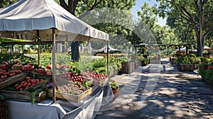 a white canopy tent, with crates of fresh strawberries, surrounded by other booths showcasing a variety of products and