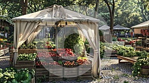 a white canopy tent, with crates of fresh strawberries, surrounded by other booths showcasing a variety of products and