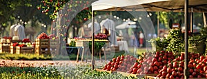 a white canopy tent, with crates of fresh strawberries, surrounded by other booths showcasing a variety of products and