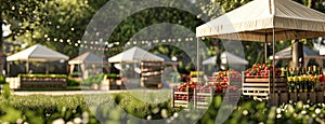 a white canopy tent, with crates of fresh strawberries, surrounded by other booths showcasing a variety of products and