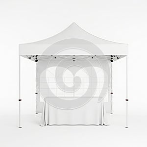 White canopy tent with display table setup on white background