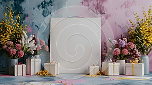 A white canvas is adorned with flowers and gifts at an event