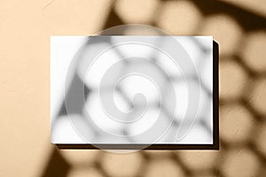 White canvas, blank picture mockup hanging on beige wall with dark shadows of geometric pattern. Poster mock up, empty canvas with