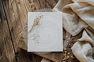 White canvas with dried flowers on rustic wooden background with linen fabric