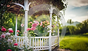 White canvas gazebo with garden flowers in a summer green lawn