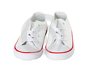 White canvas shoes with red strip.