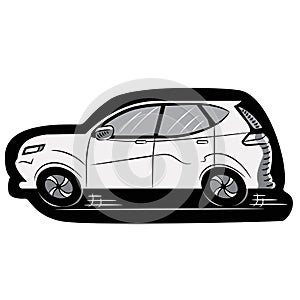 White Car on a Black Die. Sticker. Icon. Sketch. Symbol. Sign. Stock Vector Illustration. Transparent. White Isolated