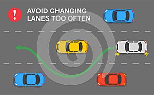 White car is changing position on three lane road. Avoid changing lanes too often rule.