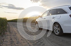 white car drives along a country road among a blooming rapeseed field towards the setting sun towards adventure