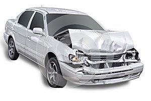 White car get damaged by accident on the road. Isolated on white background. Saved with clipping path