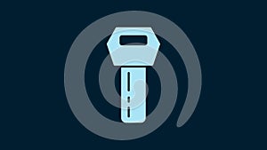 White Car key with remote icon isolated on blue background. Car key and alarm system. 4K Video motion graphic animation