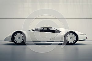 A white car parked neatly in front of a white wall, showcasing a minimalist design against a clean background, A minimalist car