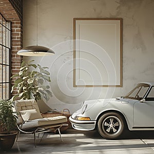 White car parked in a room with a plant, Canvas mockup template