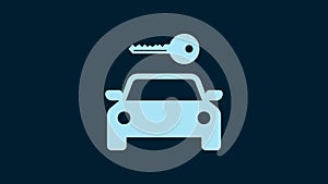 White Car rental icon isolated on blue background. Rent a car sign. Key with car. Concept for automobile repair service