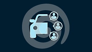 White Car sharing with group of people icon isolated on blue background. Carsharing sign. Transport renting service