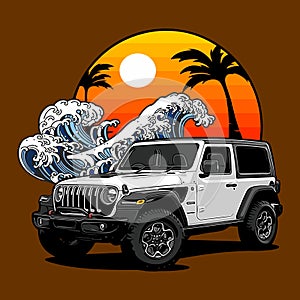 white car suv with waves and beach