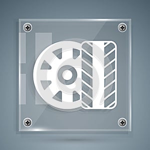 White Car tire wheel icon isolated on grey background. Square glass panels. Vector