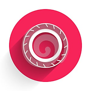 White Car tire wheel icon isolated with long shadow background. Red circle button. Vector