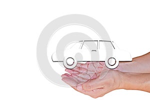 The white car from white background on hands, isolated on white.