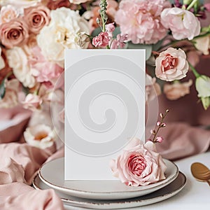 White card on Chinoiserie Pink Floral backgraund, Card mockup, invitation mockup,