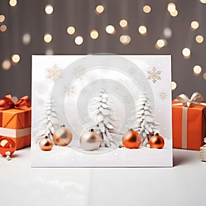 White card with Christmas trees and baubles around gifts in the background bokech effect. Christmas card as a symbol of