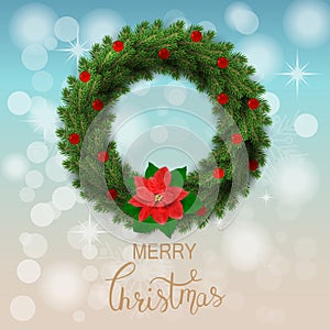White card with Christmas wreath. Vector illustration.