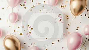 A white card is encircled by pink and gold balloons and confetti